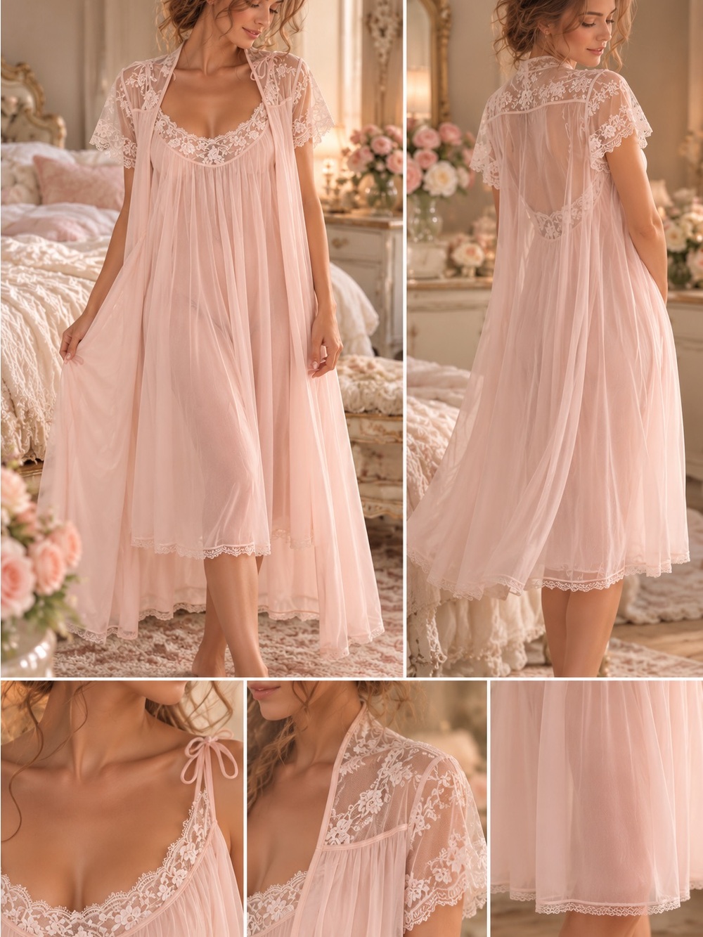 Vintage Claire Sandra by Lucie Ann Pink Lace Peignoir Set Bridal S